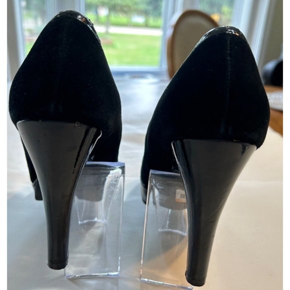 Women's Isaac Mizrahi Heels Size 5.5 Leather Suede Black 4 Inch Heel Satin Bow - Picture 4 of 9